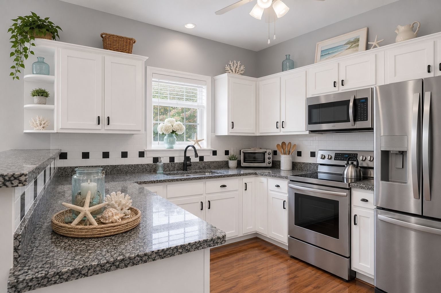 Updated kitchen with black and white backsplash