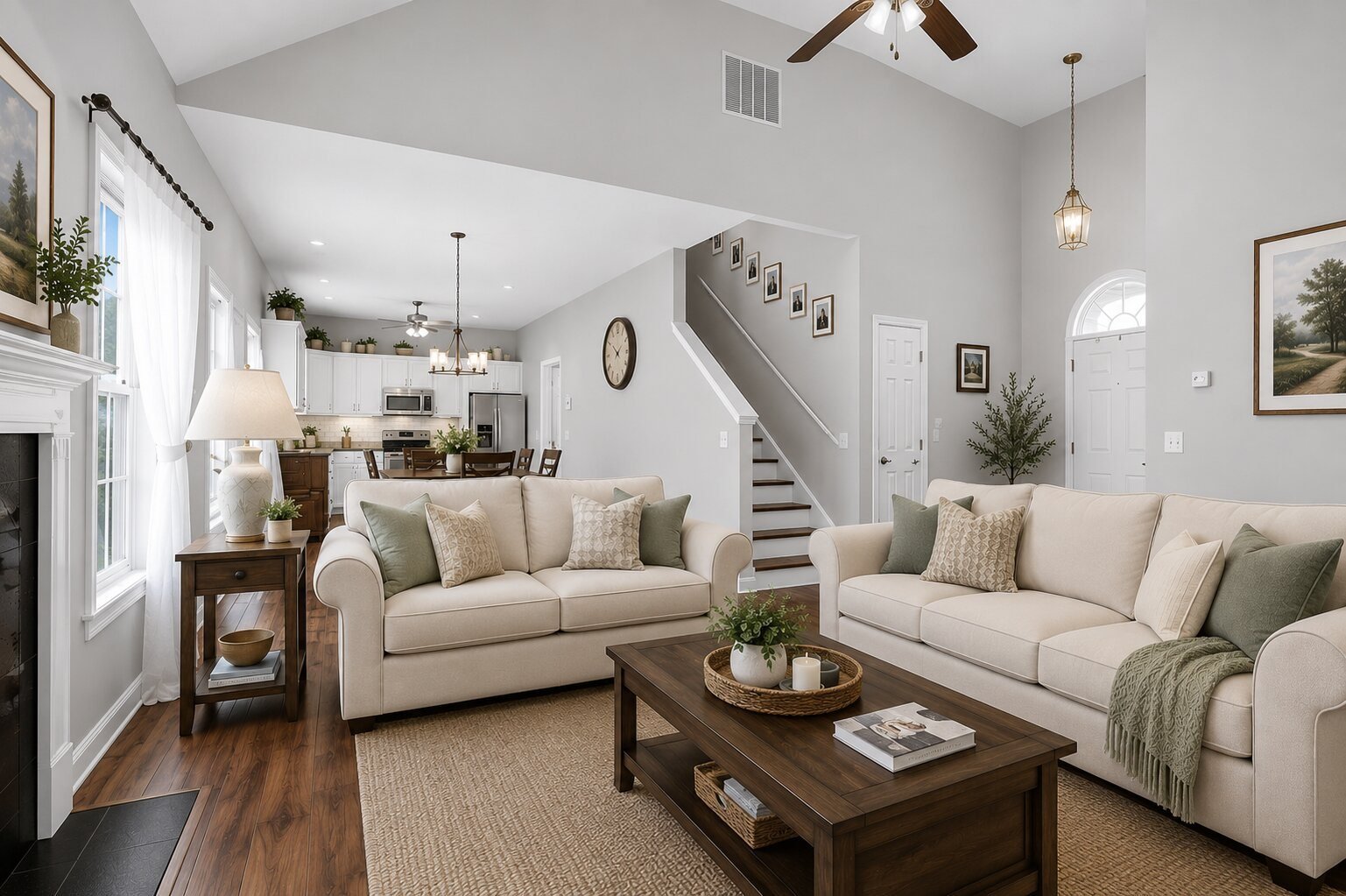 Bright living room with cathedral ceiling